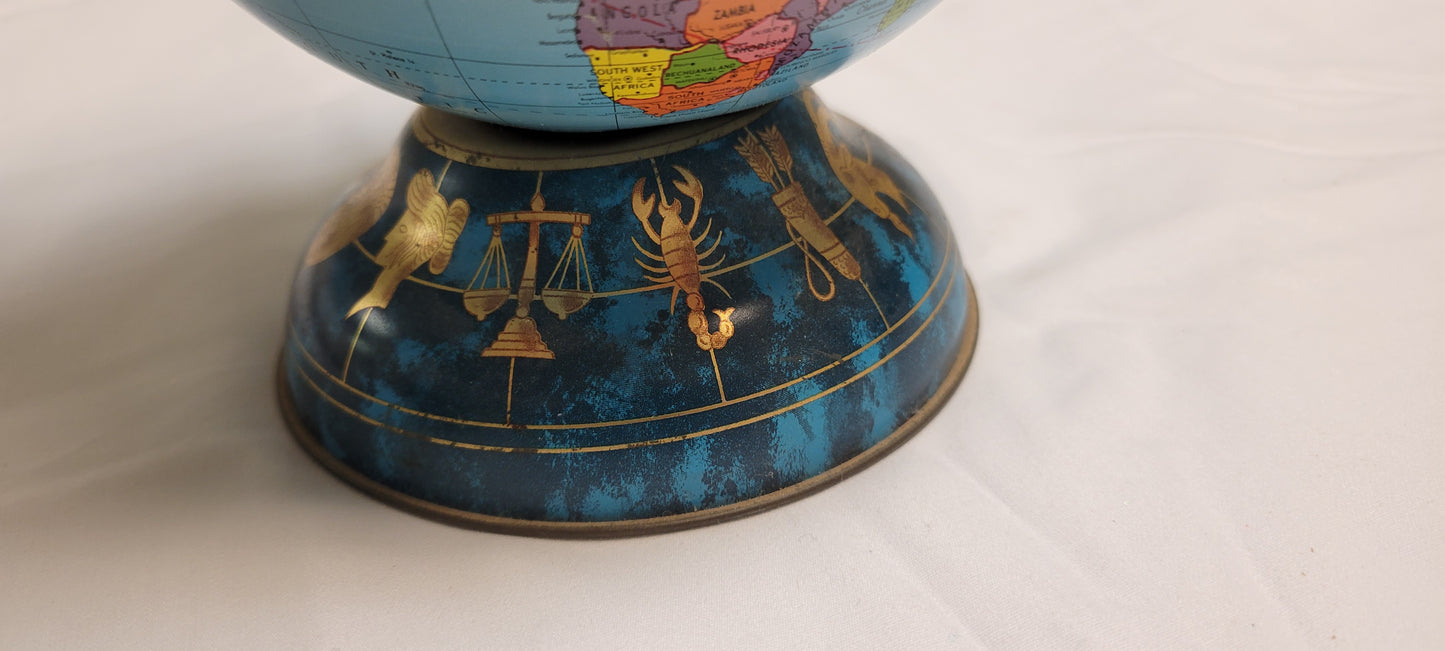 Globe World Atlas Piggy Bank, Metal Ohio Art Brand,  Base with Zodiac signs