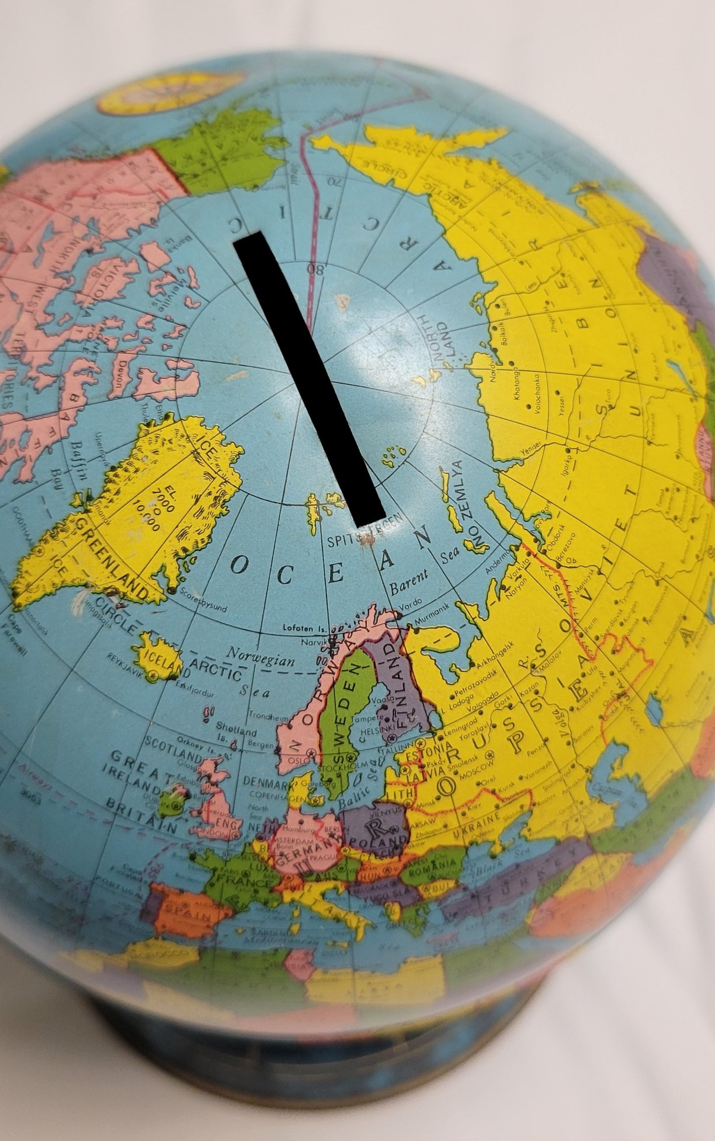 Globe World Atlas Piggy Bank, Metal Ohio Art Brand,  Base with Zodiac signs