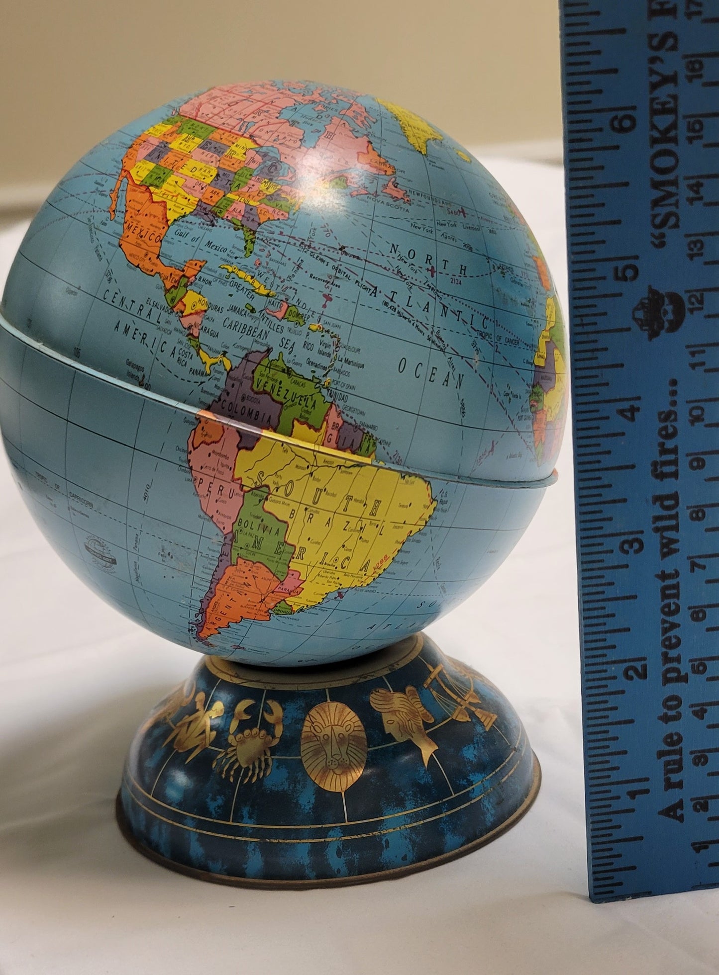 Globe World Atlas Piggy Bank, Metal Ohio Art Brand,  Base with Zodiac signs