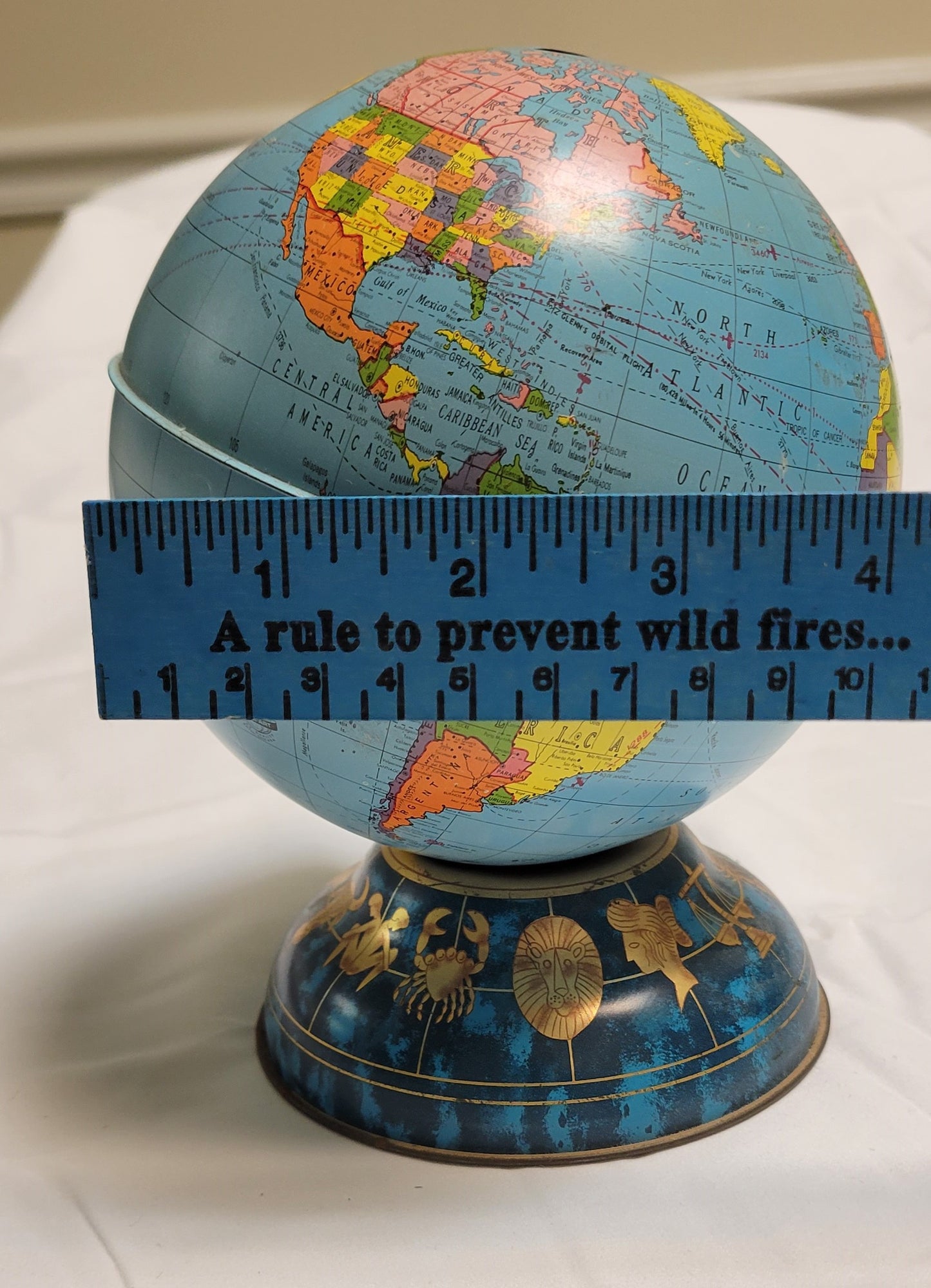 Globe World Atlas Piggy Bank, Metal Ohio Art Brand,  Base with Zodiac signs
