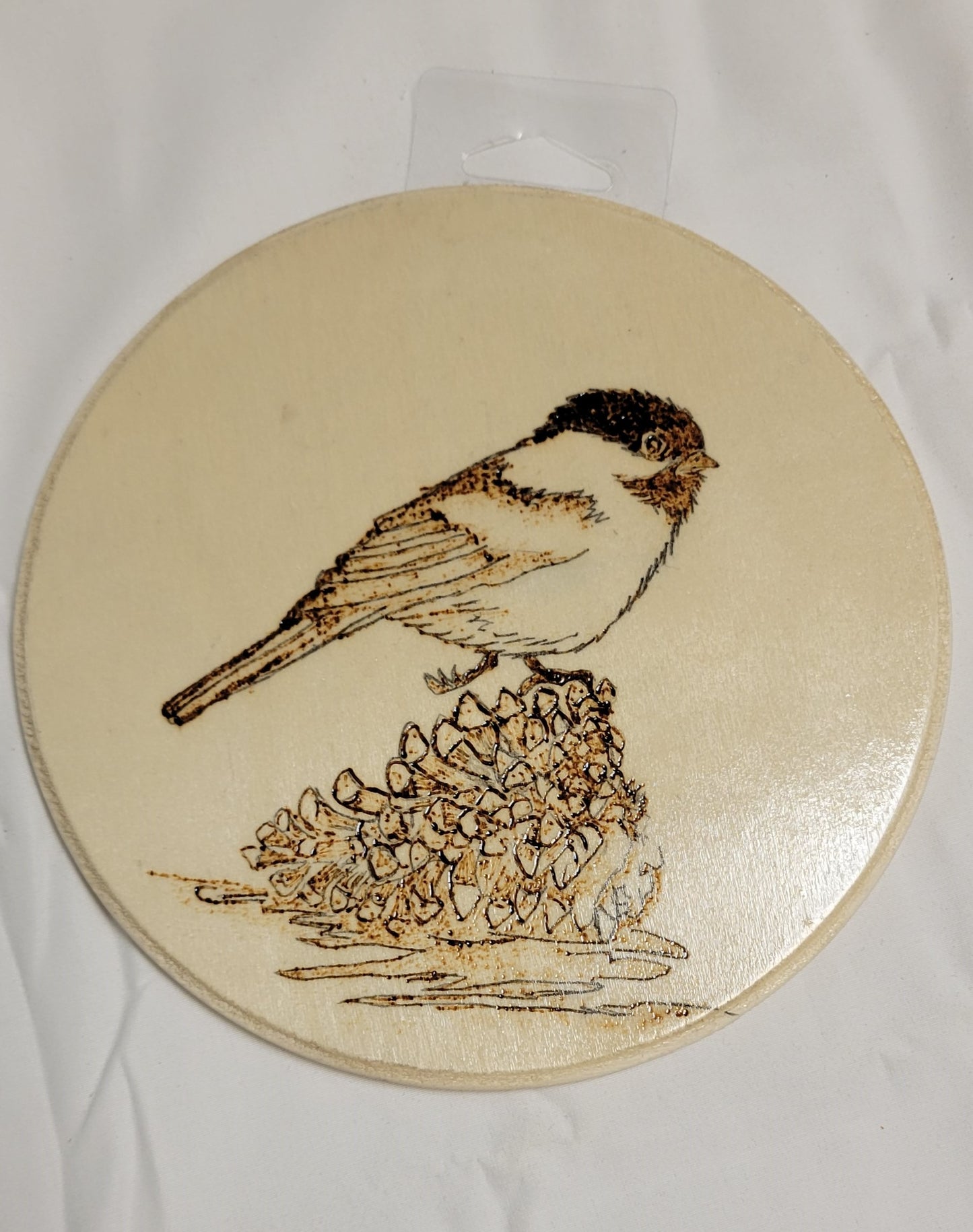 Art Hand Pyrography Black Capped Chickadee on Pine Cone one of a kind signed by artist original wood burning.