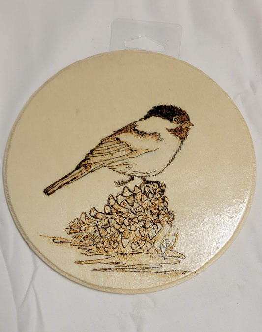 Art Hand Pyrography Black Capped Chickadee on Pine Cone one of a kind signed by artist original wood burning.