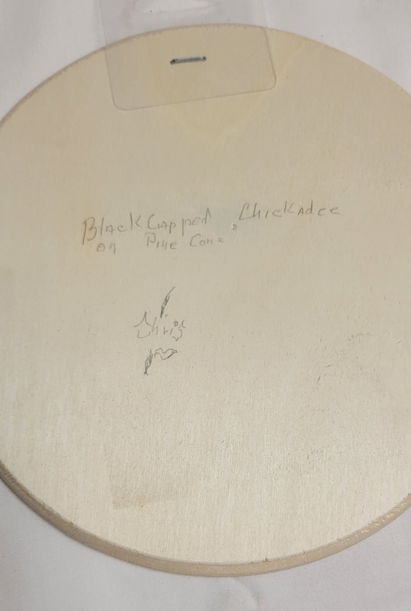 Art Hand Pyrography Black Capped Chickadee on Pine Cone one of a kind signed by artist original wood burning.