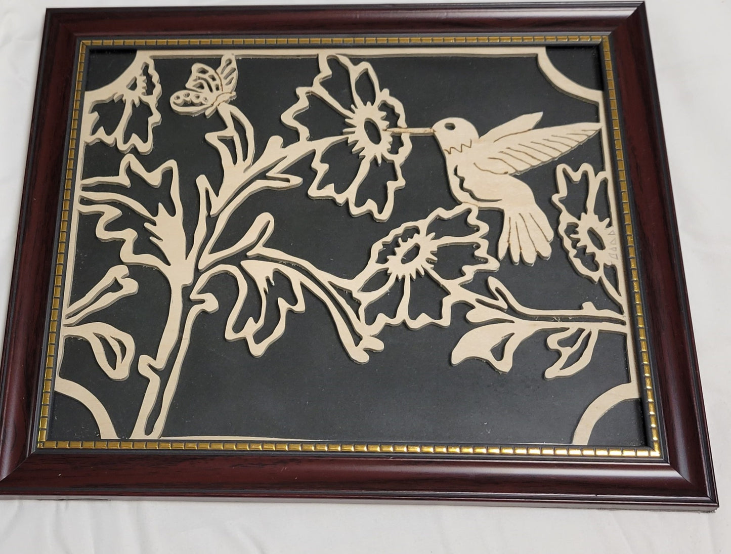 Art Scroll cut w/ Pyrography Hummingbird in Flower Framed
