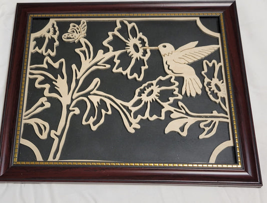 Art Scroll cut w/ Pyrography Hummingbird in Flower Framed