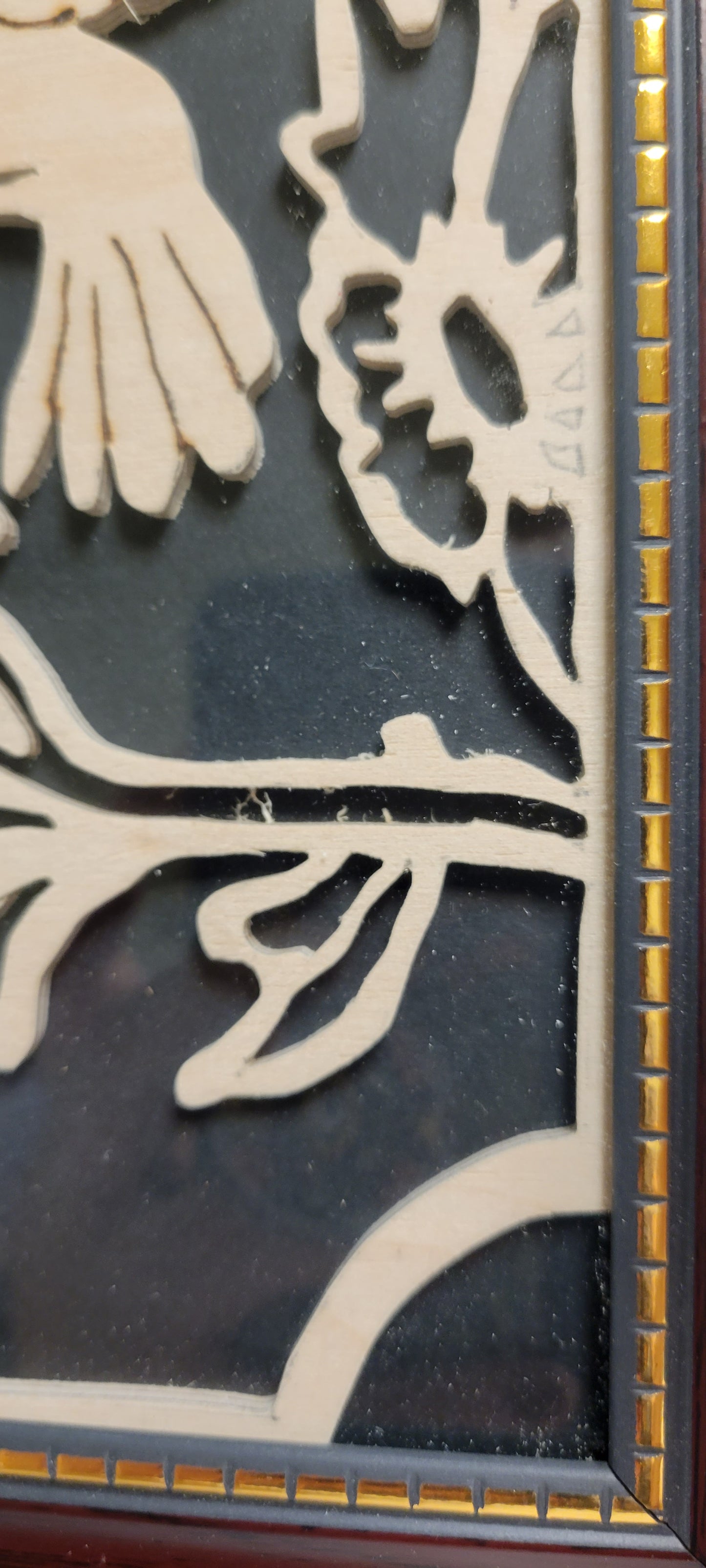 Art Scroll cut w/ Pyrography Hummingbird in Flower Framed