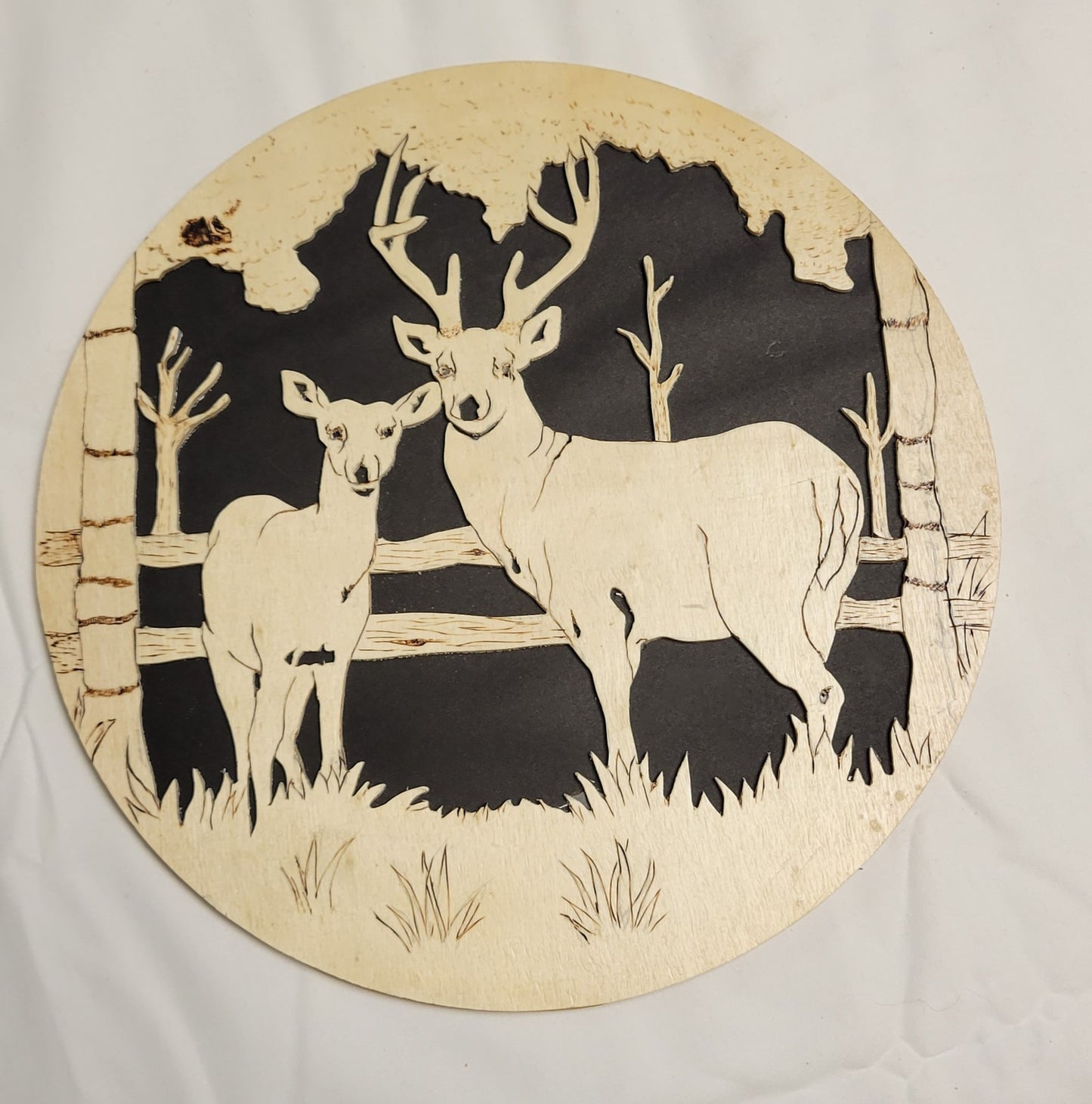 Art Scroll cut w/ Pyrography Buck and Doe on Fence line