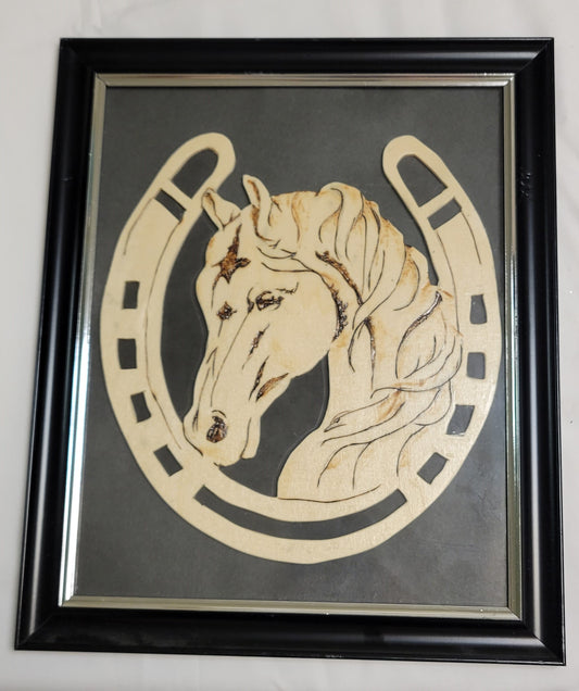 Art Scroll Saw Pyrography Art Horse head and Horse Shoe