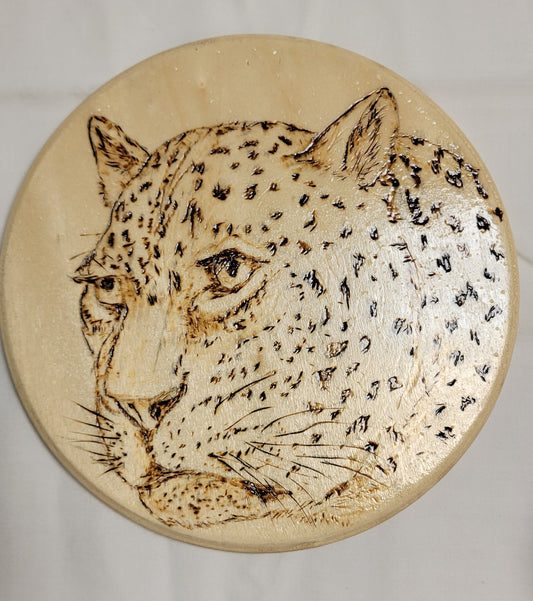 Art Pyrography Round Leopard head  by Mark Crilley Burned By Chris Lamb