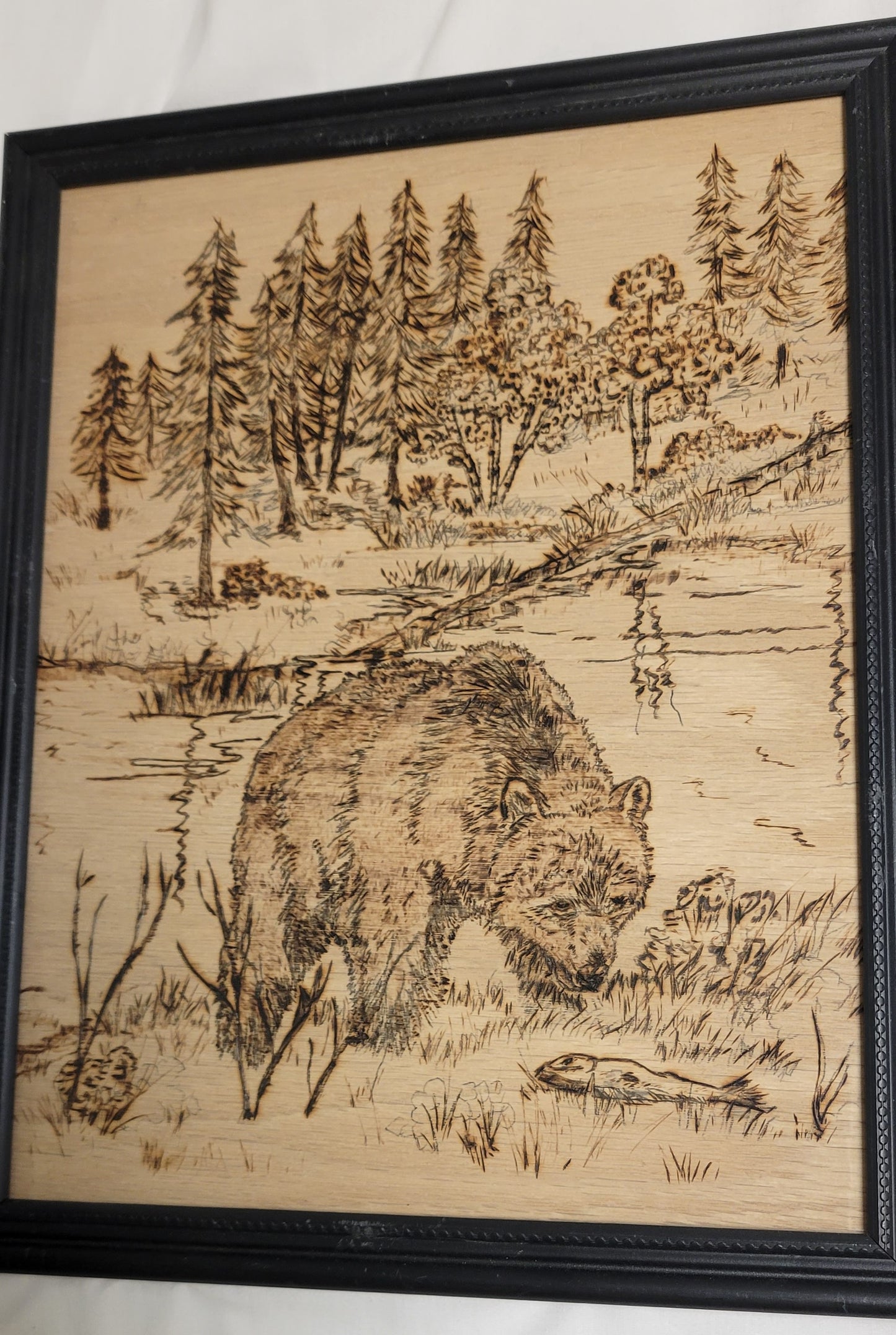 Art Pyrography Creek Scene Bear on Fish