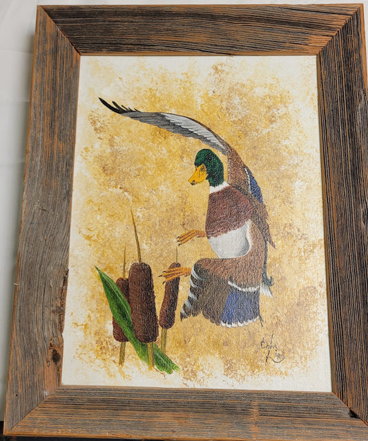 Art Original Mallard Duck Painting Framed in real Barn Wood