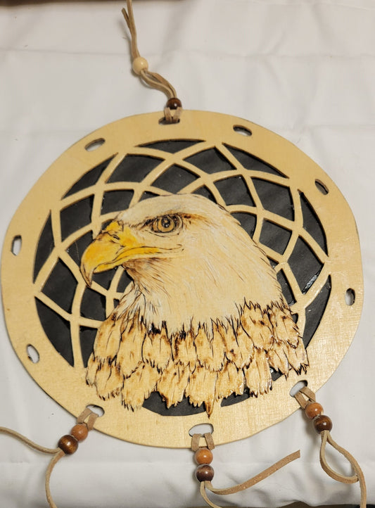 Art Dream Catcher Pyrography Painted Scroll   ( Bald Eagle