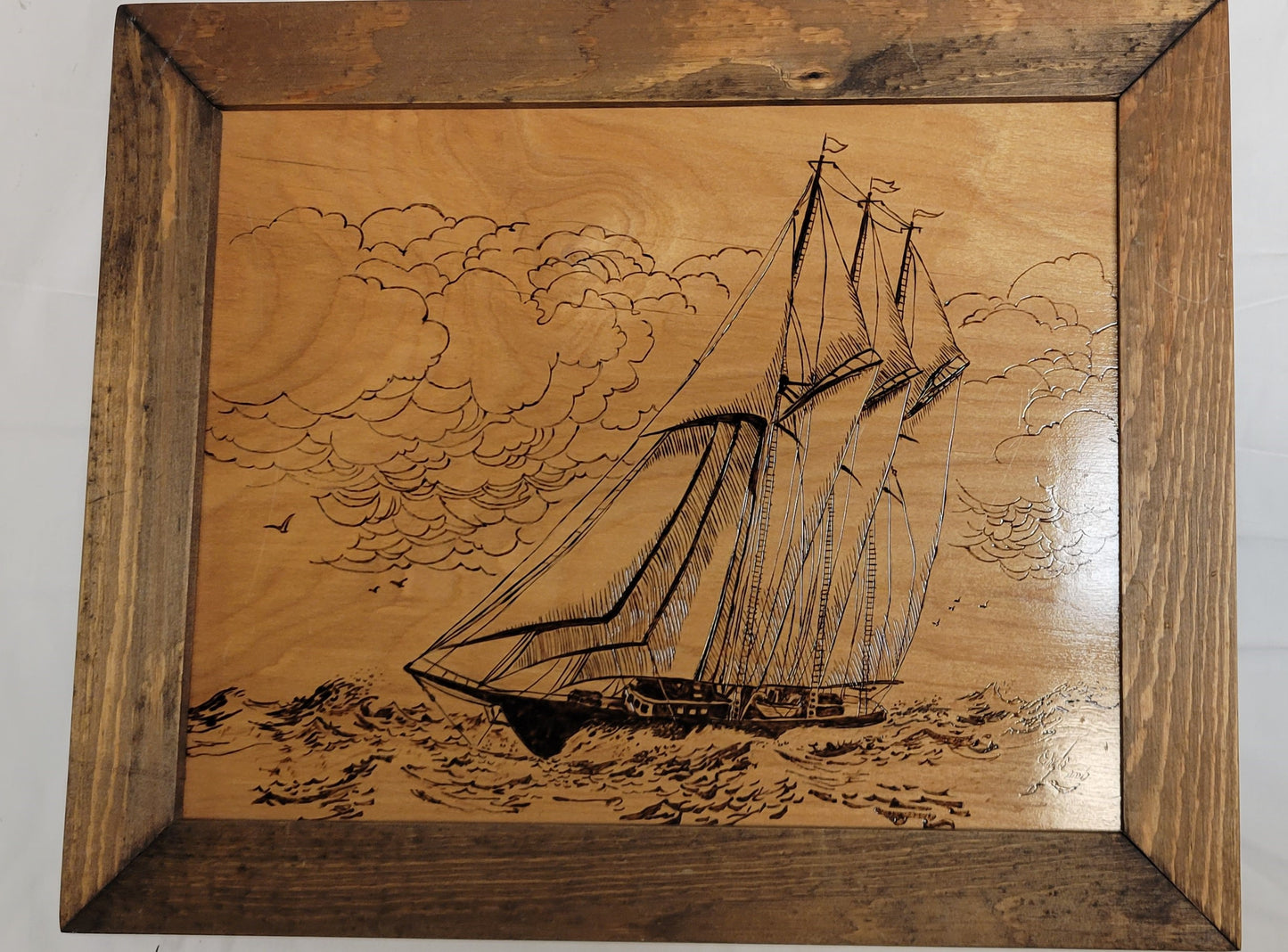 Art Pyrography Sail Boat on Sea