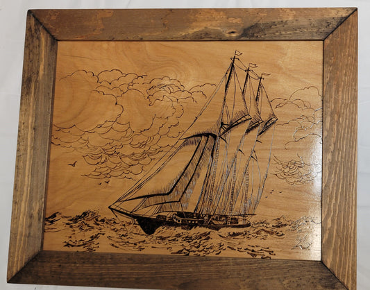Art Pyrography Sail Boat on Sea