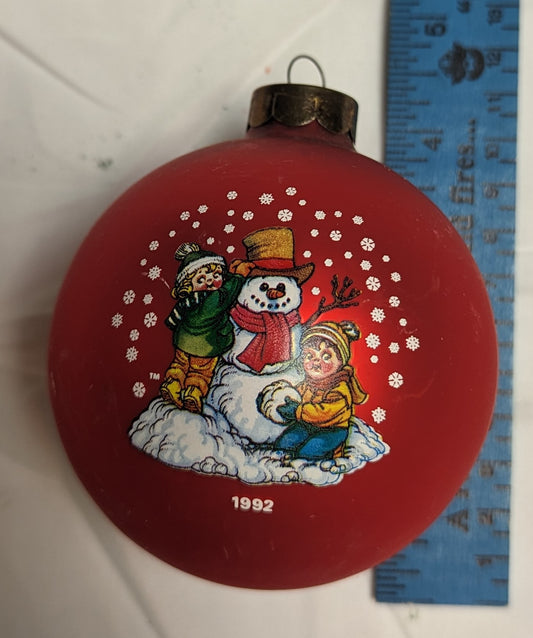 Ornament Christmas Ball Red Painted children and snowman Dated 1992