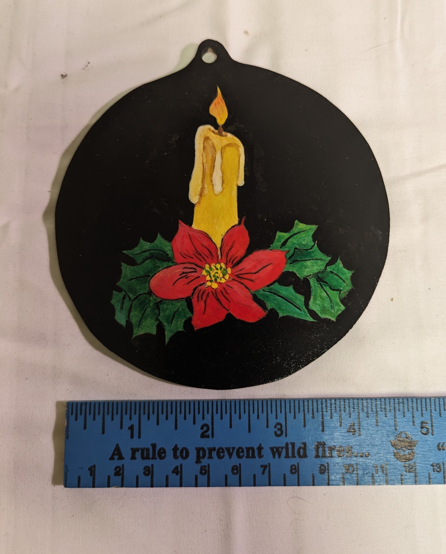 Art Christmas Hand Painted Candle, Holly, and Poinsettia on Plywood