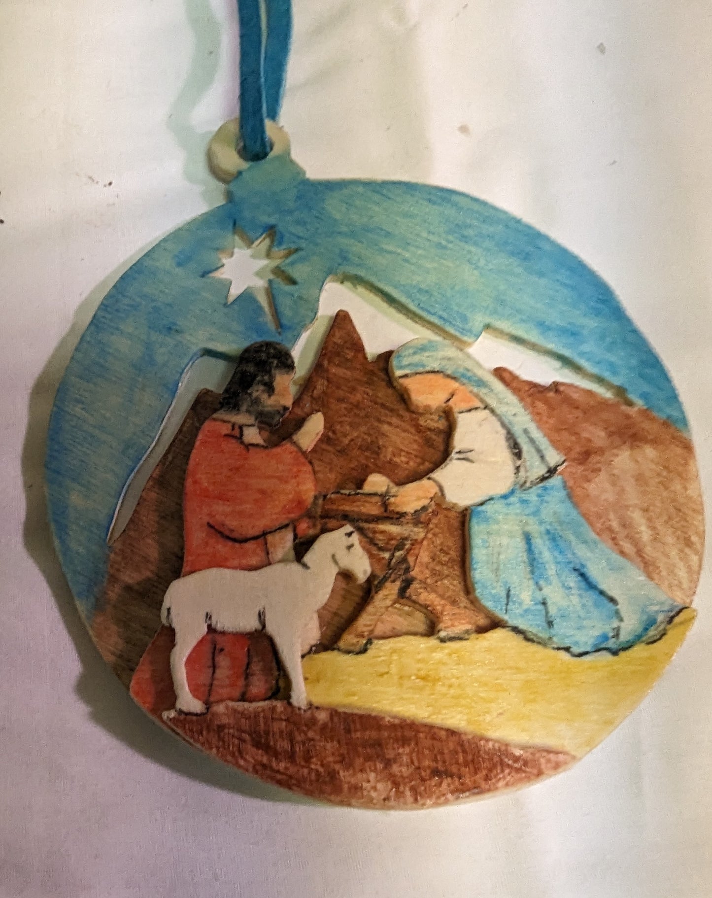 Art Christmas Ornament Vintage Hand Painted Scroll sawn Nativity Scene on Plywood