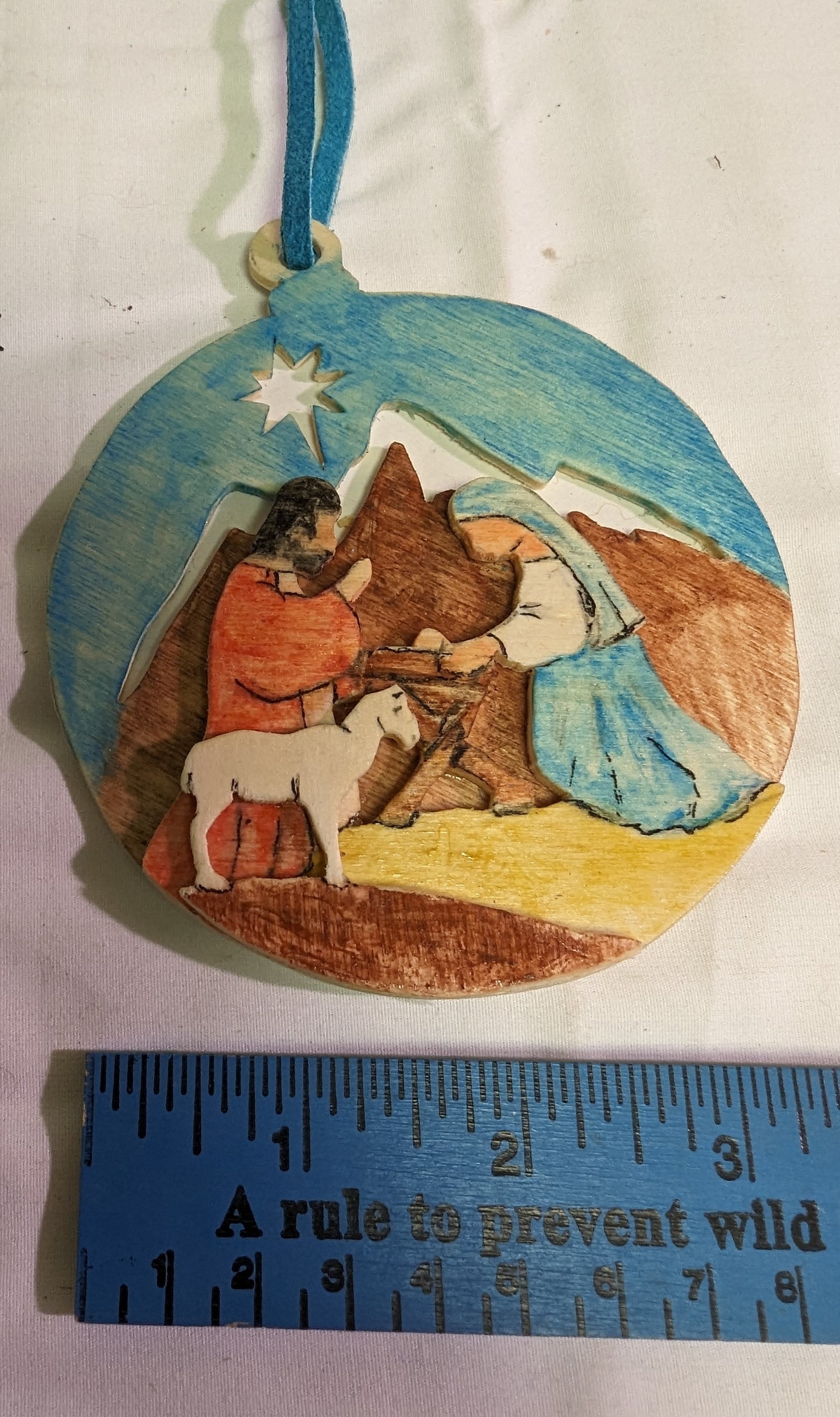 Art Christmas Ornament Vintage Hand Painted Scroll sawn Nativity Scene on Plywood