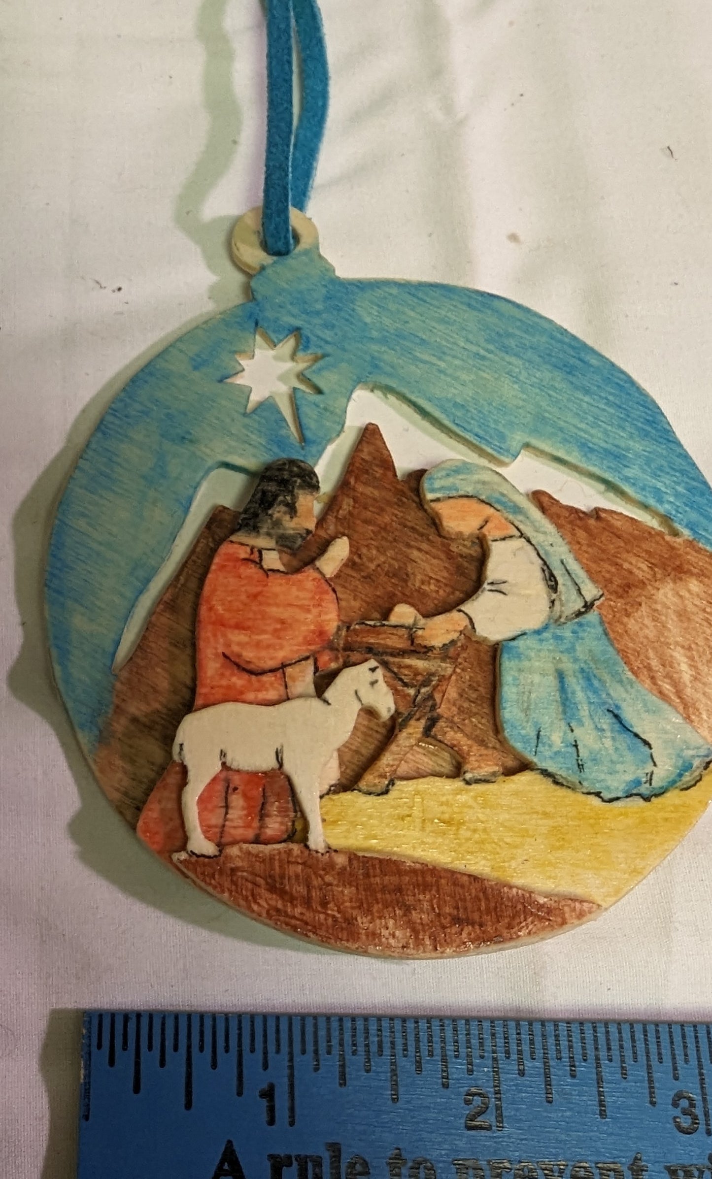 Art Christmas Ornament Vintage Hand Painted Scroll sawn Nativity Scene on Plywood