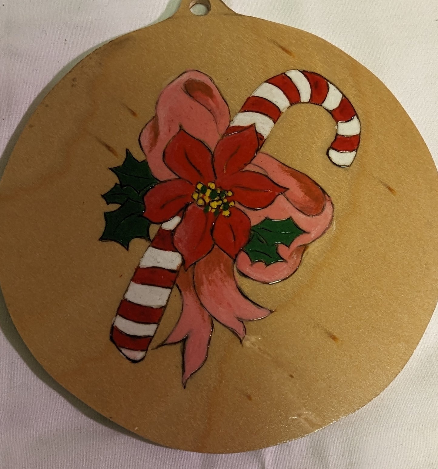 Art Christmas Vintage Hand Painted Pyrography Candy Cane on wood