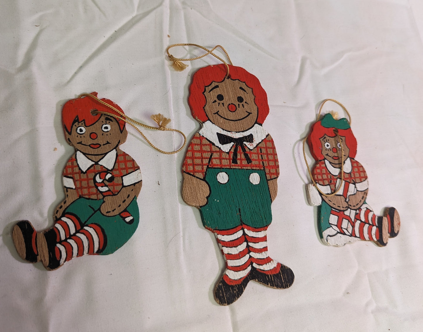 Christmas Ornament Vintage Raggedy Ann Hand Painted Front and Back on plywood Set of 3