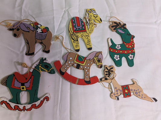 Christmas Ornaments Vintage Animals Hand Painted Front and Back om plywood Set of 6
