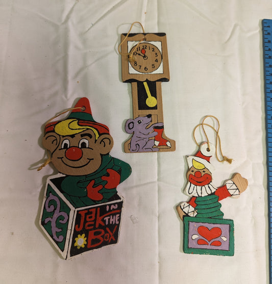 Christmas Ornament Vintage Jack in the Box Hand Painted Front and Back on plywood Set of 3