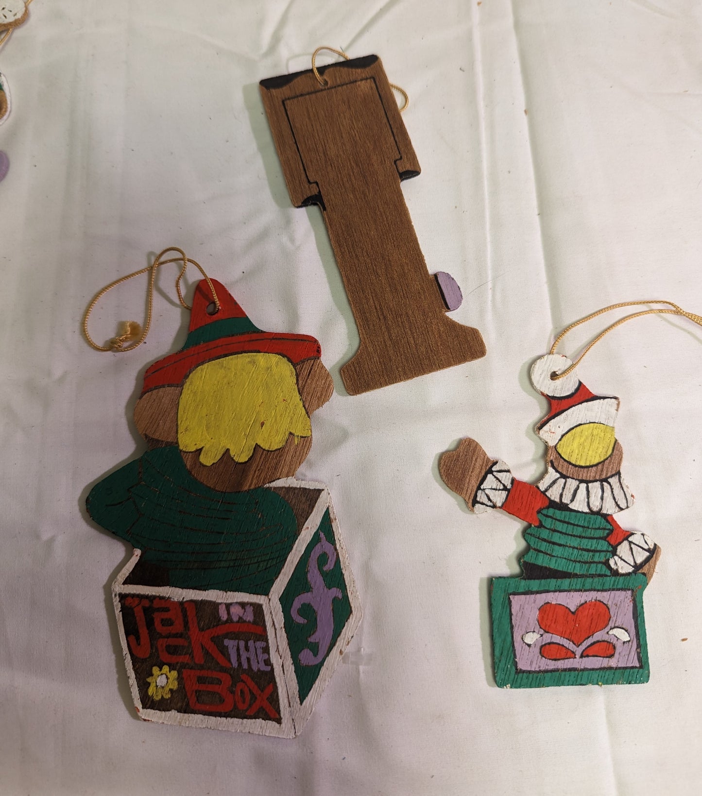 Christmas Ornament Vintage Jack in the Box Hand Painted Front and Back on plywood Set of 3