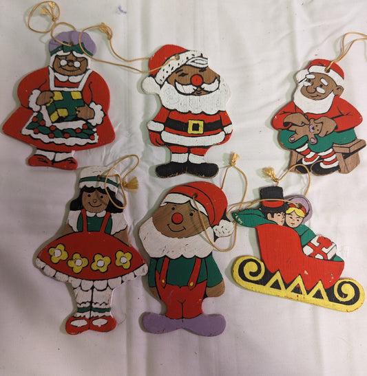 Christmas Ornaments Santa and  Children Helpers Hand Painted Front and Back on plywood Set of 6