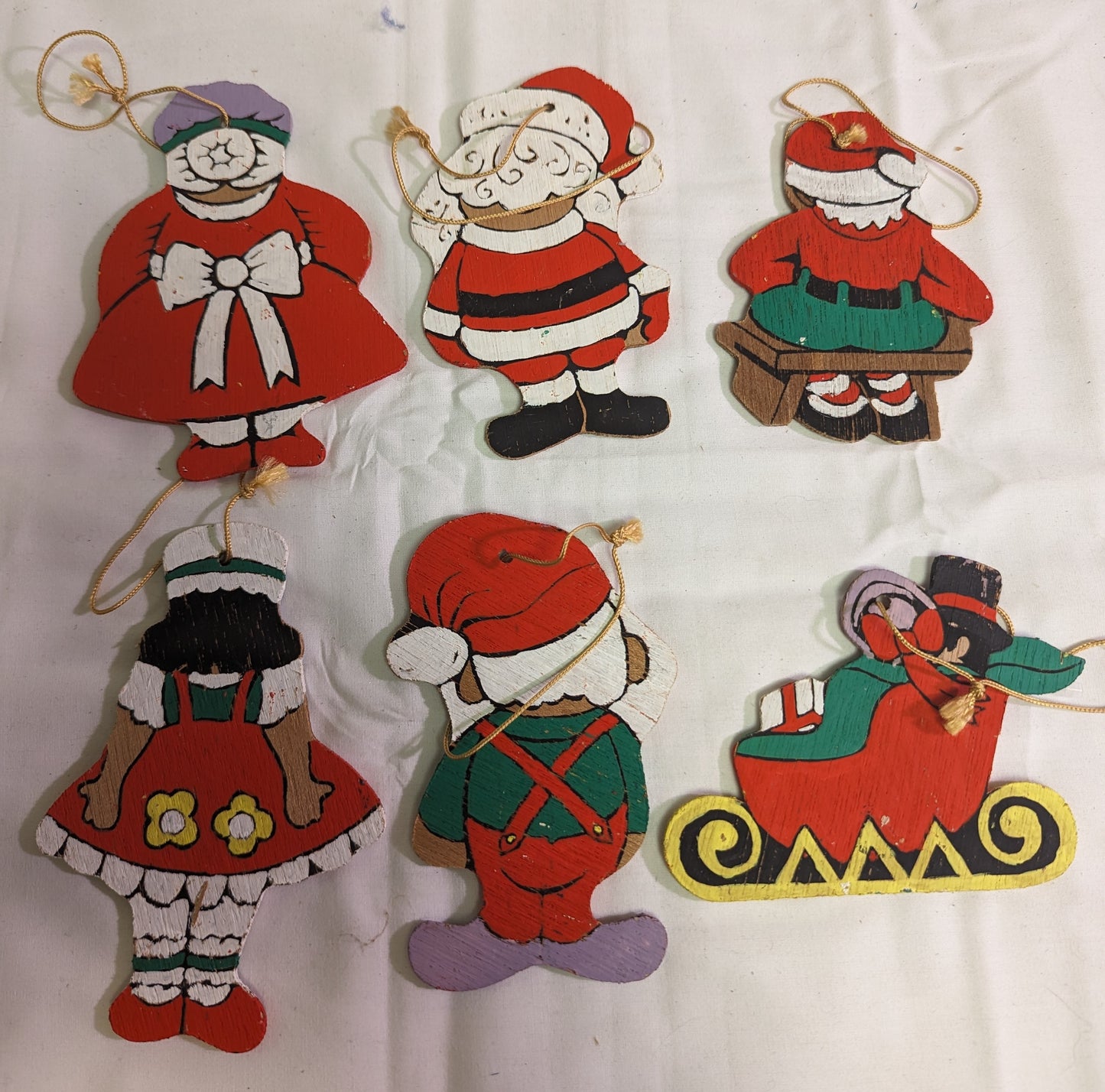 Christmas Ornaments Santa and  Children Helpers Hand Painted Front and Back on plywood Set of 6