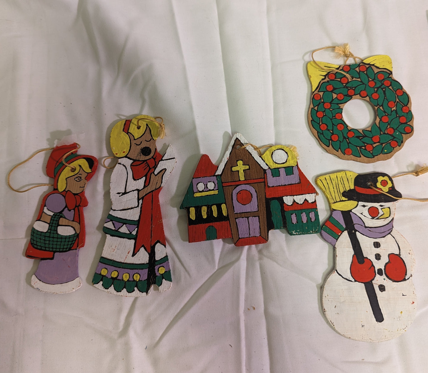 Christmas Ornaments Vintage Church Snowman Wreath and Children Hand Painted Front and Back on plywood Set of 5