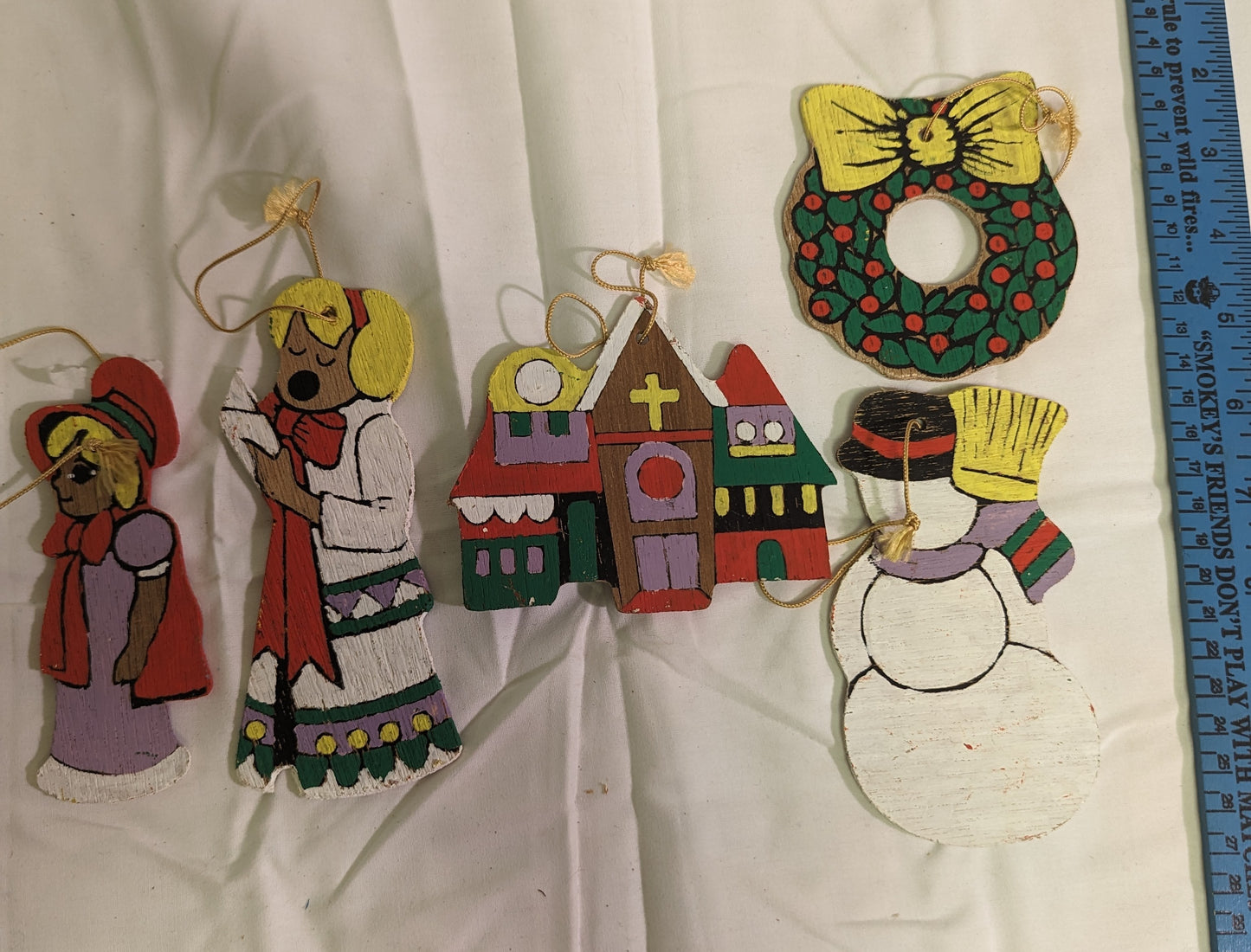 Christmas Ornaments Vintage Church Snowman Wreath and Children Hand Painted Front and Back on plywood Set of 5