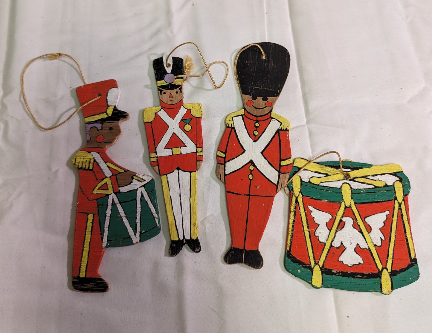 Christmas Ornament Vintage Nutcracker Drum Hand Painted Front and Back on plywood Set of 4