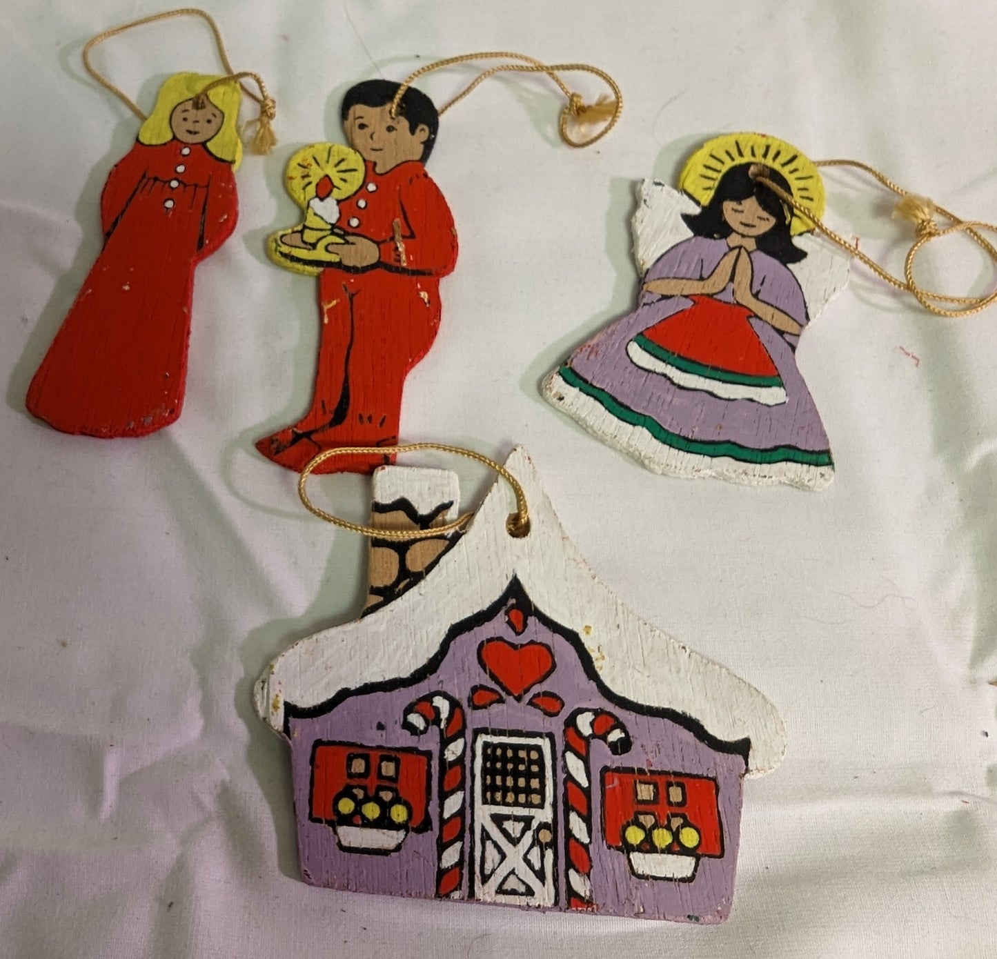 Christmas Ornament Vintage Gingerbread house Children Hand Painted on plywood Set of 4