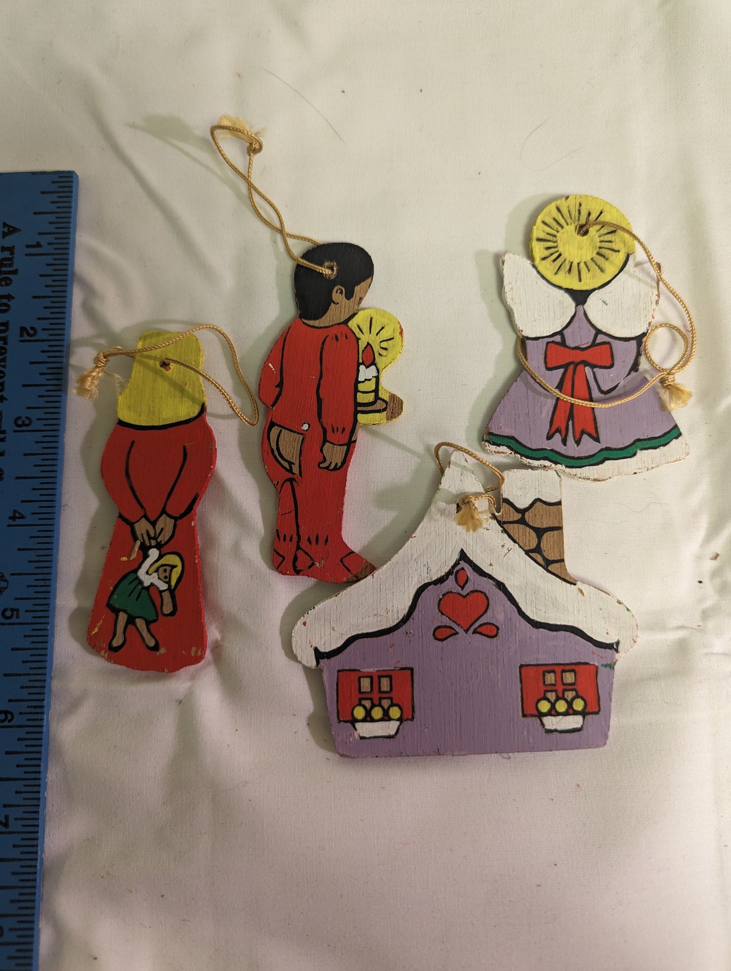 Christmas Ornament Vintage Gingerbread house Children Hand Painted on plywood Set of 4