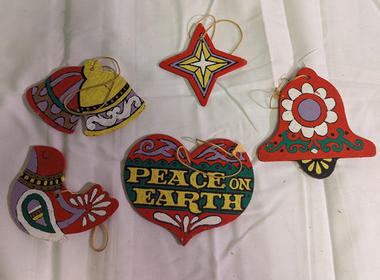 Christmas Ornament Vintage Peace on Earth Hand Painted Front and Back on Plywood Set of 5