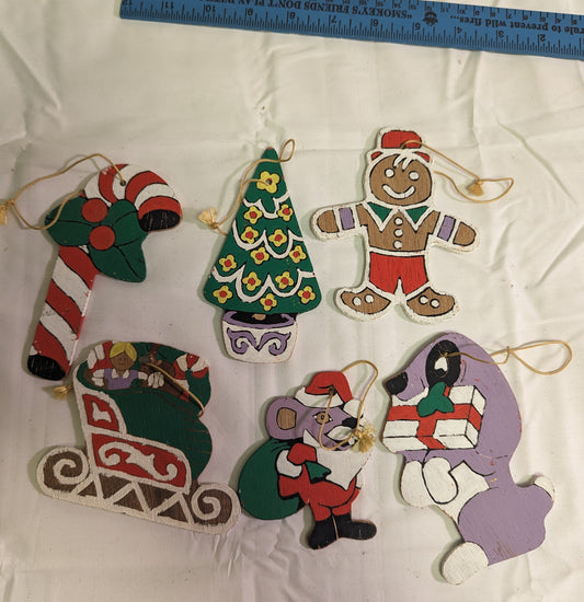 Christmas Ornaments Vintage Christmas Tree Hand Painted Front and Back on plywood Set of  6