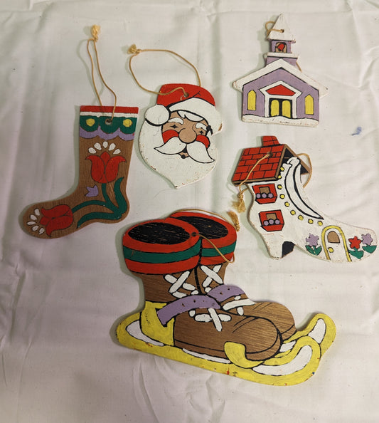 Christmas Ornaments Vintage Santa Church Stocking Hand Painted Front and Back on plywood Set of 5