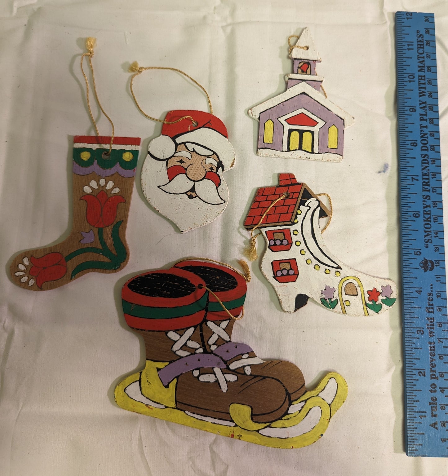 Christmas Ornaments Vintage Santa Church Stocking Hand Painted Front and Back on plywood Set of 5