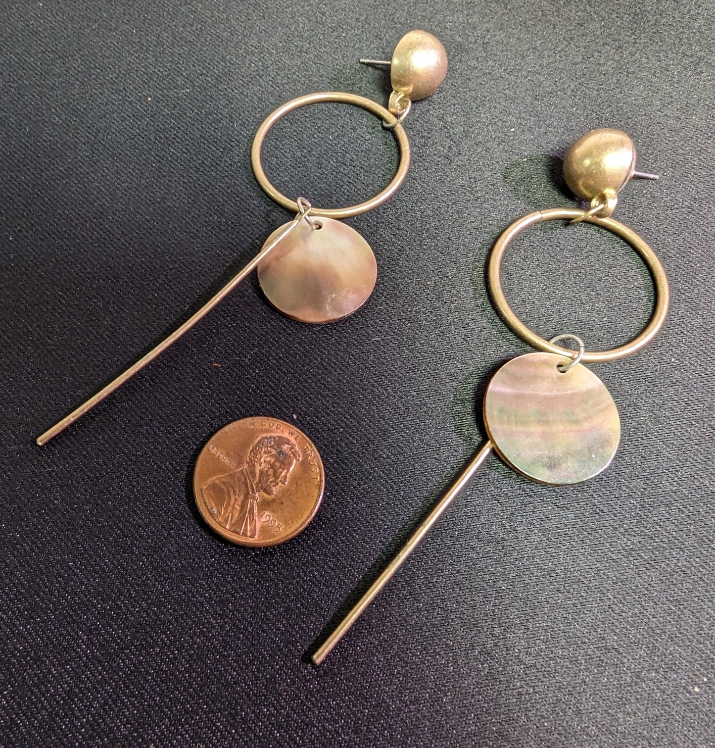 Earrings Unique Metal geometrics with round hanging abalone.