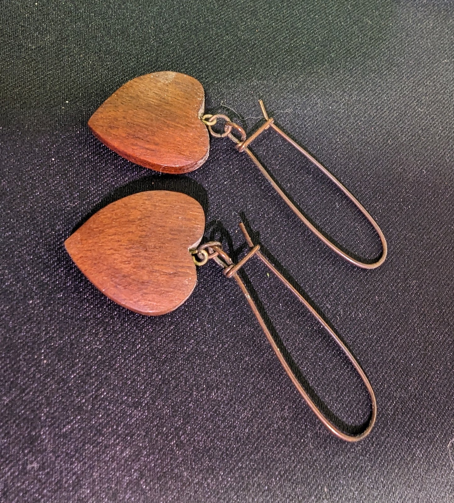 Earring Hand Made metal loop with wood heart