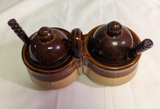 Condiment Set Vintage Houston Foods Tan and Brown Pottery Two crocks with spoons and lids.