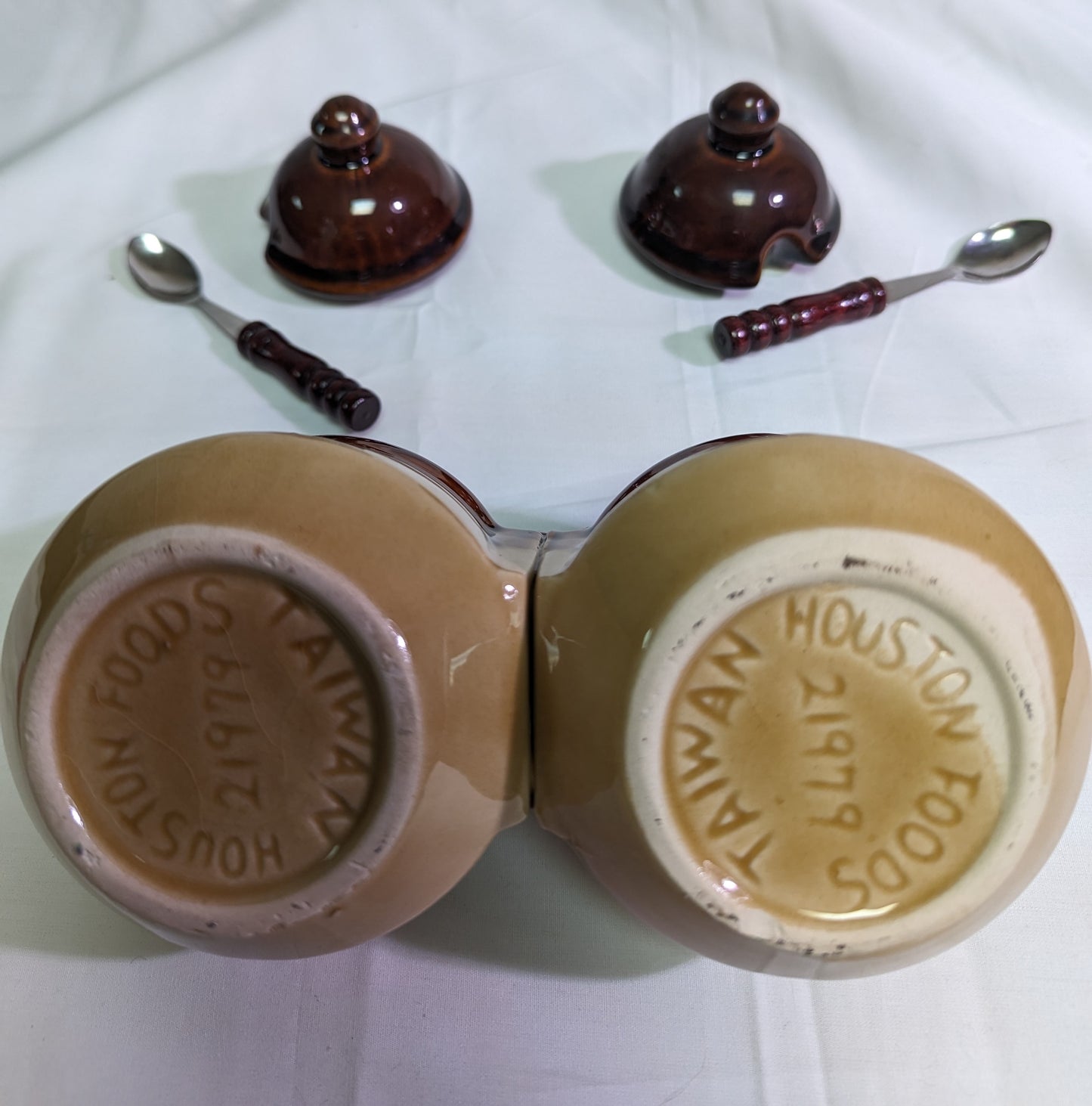 Condiment Set Vintage Houston Foods Tan and Brown Pottery Two crocks with spoons and lids.