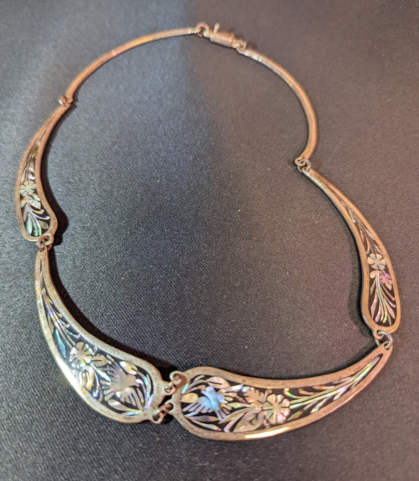 Necklace Rare Silver 925 Inlayed Mother Of Pearl Abalone Bird and Flowers