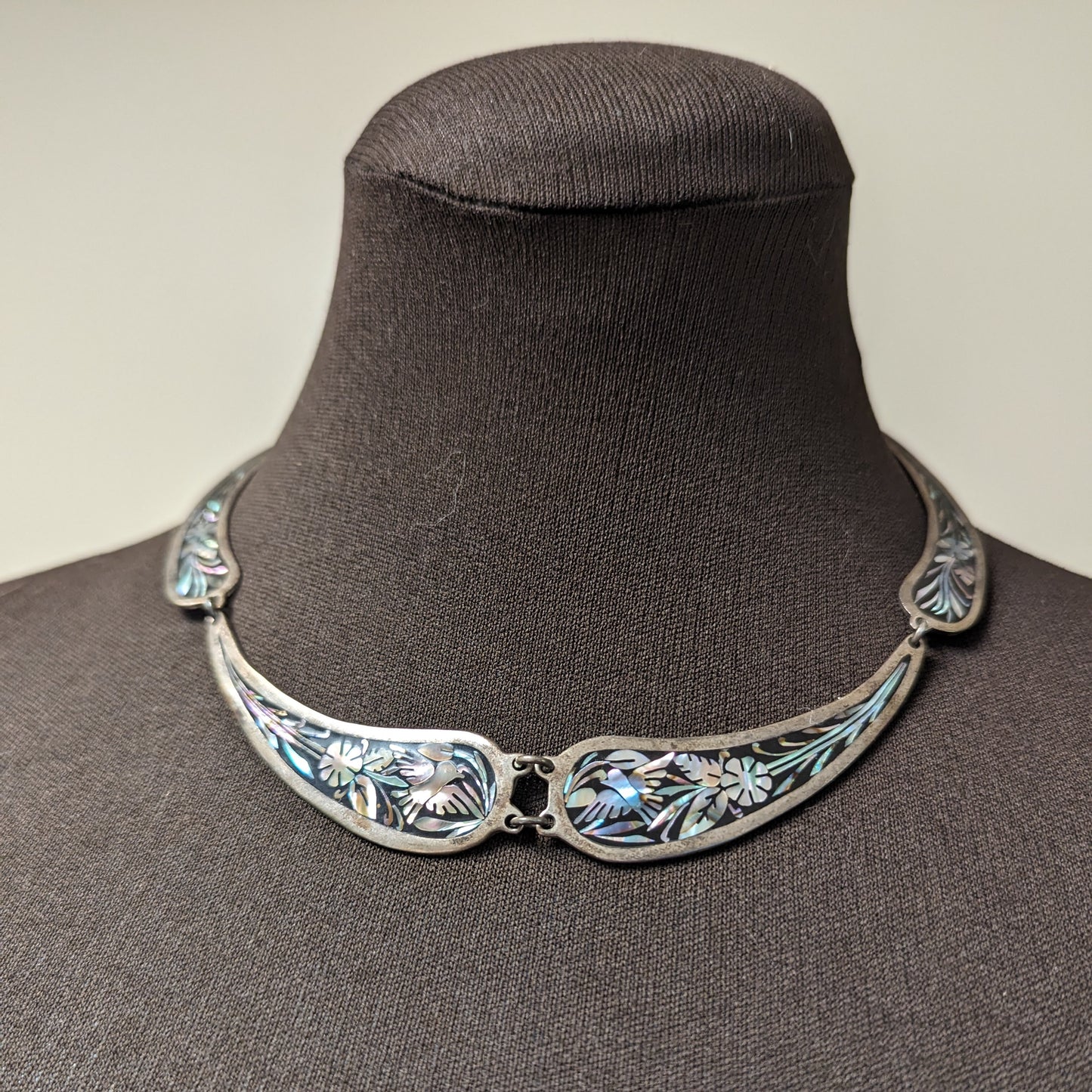 Necklace Rare Silver 925 Inlayed Mother Of Pearl Abalone Bird and Flowers