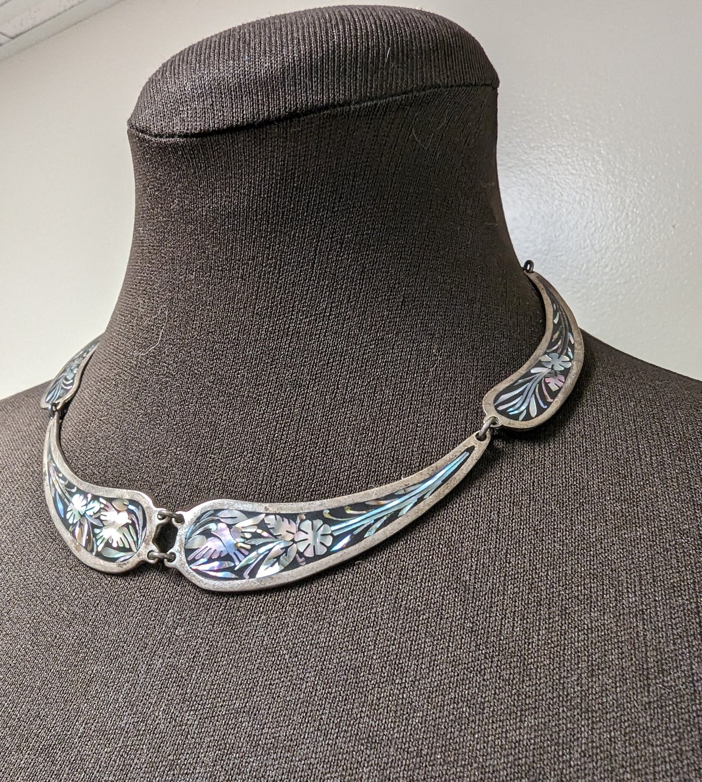 Necklace Rare Silver 925 Inlayed Mother Of Pearl Abalone Bird and Flowers