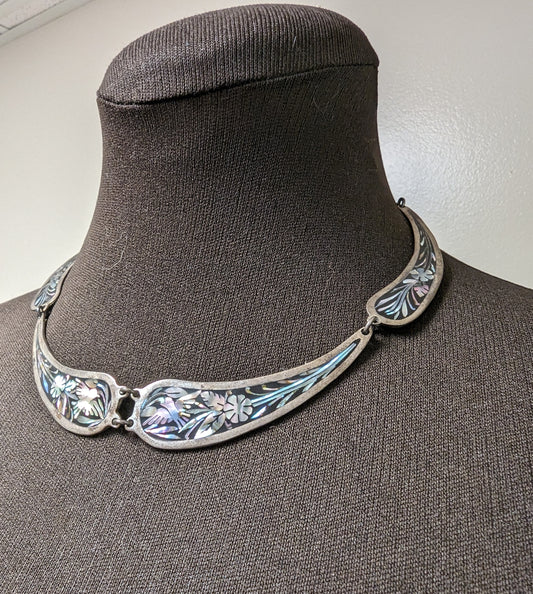 Necklace Rare Silver 925 Inlayed Mother Of Pearl Abalone Bird and Flowers