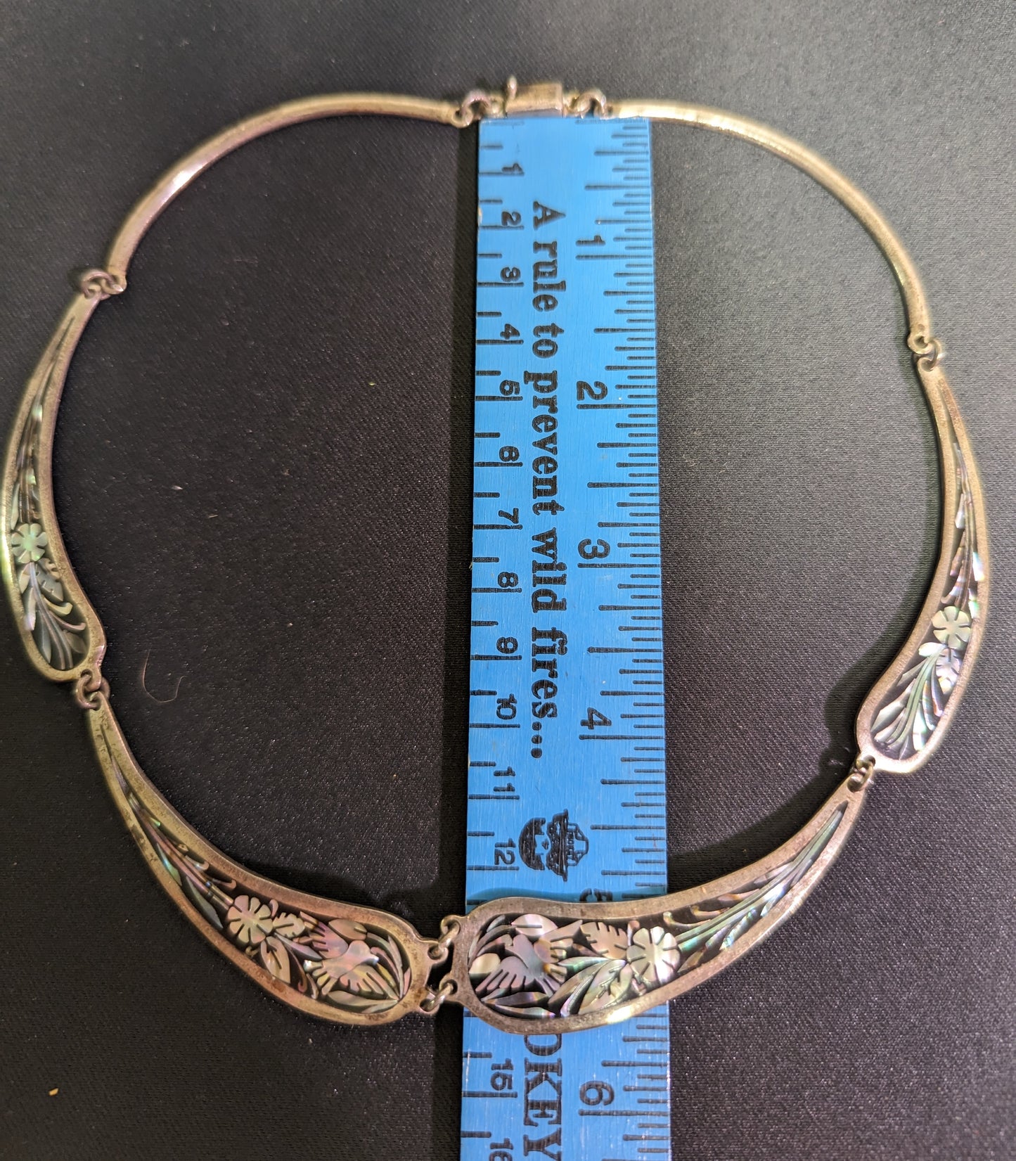 Necklace Rare Silver 925 Inlayed Mother Of Pearl Abalone Bird and Flowers