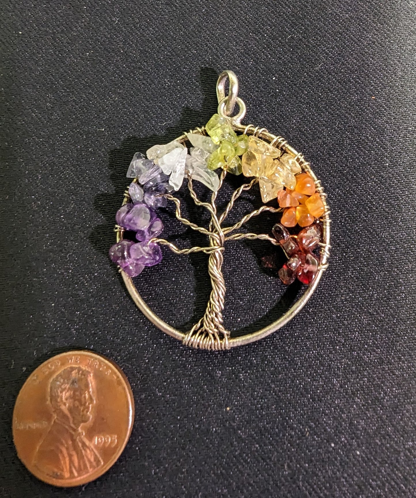 Necklace Pendant Wire Tree Rainbow Gem Chips Hand Made