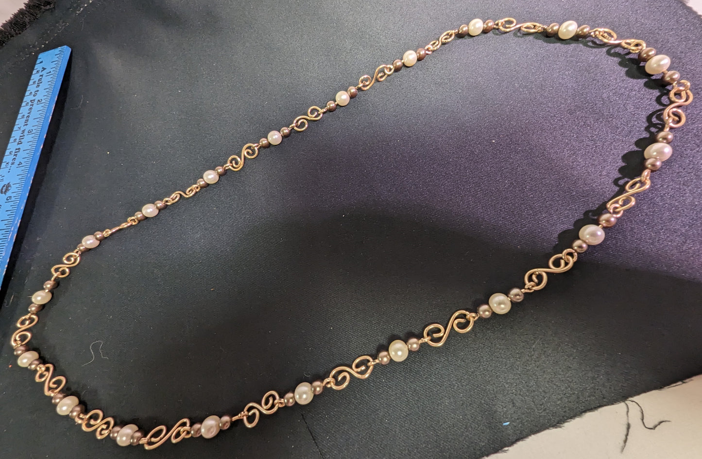 Necklace Hand Made Wire Faux Pearls Gold Tone